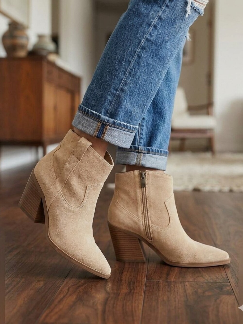 Vince Camuto Gredile Beige Suede Western Ankle Boots